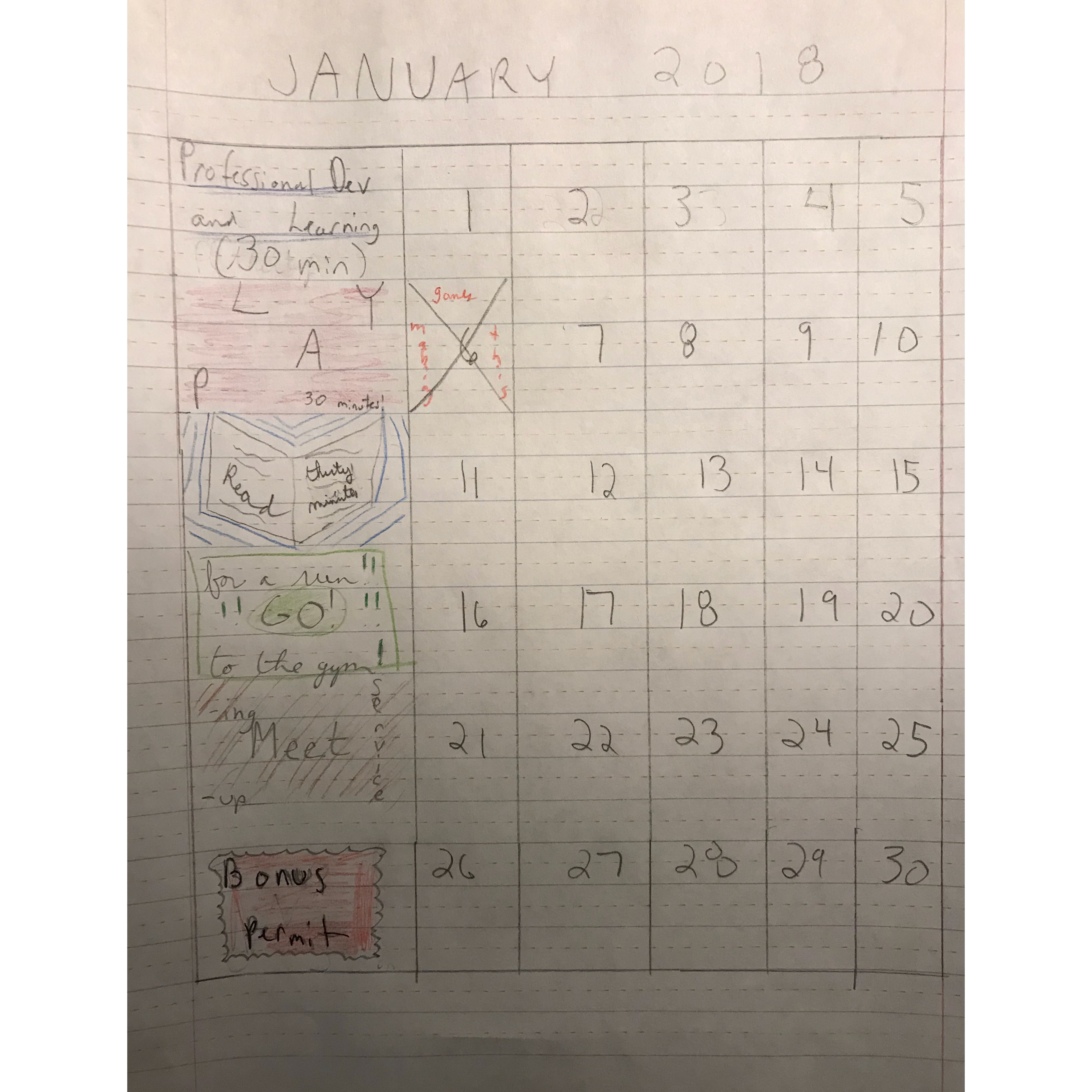 calendar for jan 2018 of the above categories drawn on handwriting paper